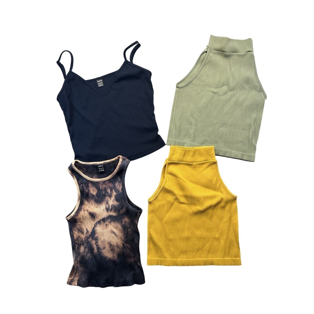 Womens Ribbed Crop Top Bundle 4pc Black Tie Dye Yellow Sage Green Small & OS